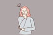 Feeling worried and frustration concept. Young irritated frustrated woman cartoon character standing touching chick looking at camera vector illustration 