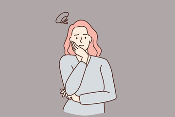 Feeling worried and frustration concept. Young irritated frustrated woman cartoon character standing touching chick looking at camera vector illustration 