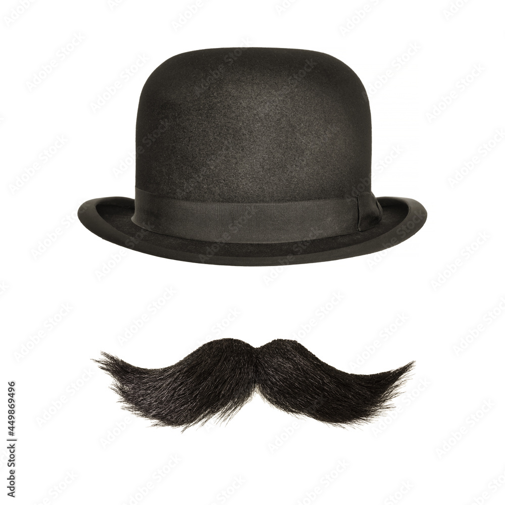 Ancient bowler hat with black curly moustache isolated on white - obrazy, fototapety, plakaty 
