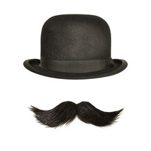 Ancient Bowler Hat With Black Curly Moustache Isolated On White