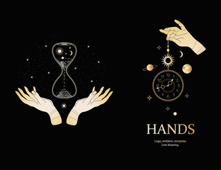 Magic hands with an hourglass.Hand with a clock. Universe in an hourglass.