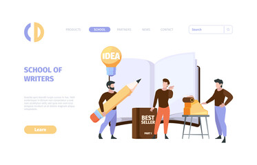 Sticker - Blogger landing page. Business web template with professional journalists and writers working communicate with different persons garish vector