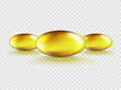 Set of 3 Liquid Gel Gold Oval Oil bubble isolated on transparent background. Cosmetic Capsule of vitamin E, A or omega 3 or 6 oil. Realistic.