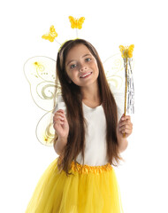 Sticker - Cute little girl in fairy costume with yellow wings and magic wand on white background