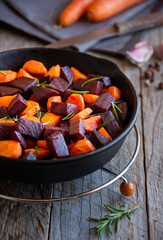 Wall Mural - Beets and carrots, cooked vegetables, healthy vegan food