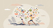 Healthy habits lifestyle as diet eating and active sport tiny person concept. Exercises for good shape and balanced meals for body wellbeing and vitality vector illustration. Daily sport routine.