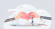 Helping together and care as connected two heart pieces tiny person concept. Romantic gesture and feelings bonding as sharing partner love vector illustration. Unity and harmony for all community.