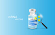 Covid-19 coronavirus. mRNA (messenger RNA) vaccine. vaccine vial and magnifying glass. Vector illustration.