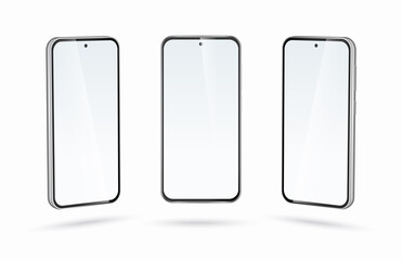 Realistic 3d vector smartphone in front, right and left perspective view. Mobile phone with blank screen isolated on white background.