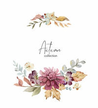 Watercolor Vector Wreath With Burgundy Autumn Flowers And Leaves.