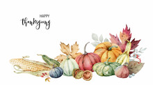 Watercolor Vector Festive Autumn Decor Of Colorful Pumpkins, Corn, Chestnuts And Leaves.