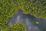 Fototapeta Natura - Aerial view of a forest lake with small island.