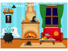 A Room Prepared For The Celebration Of Halloween With Horror Stories. Vector Illustration On The Theme Of The Interior.