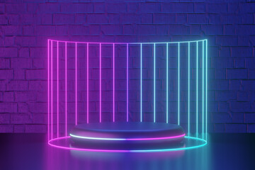 Canvas Print - Digital product background. Black round cylinder podium with led light wireframe reflects on dark blue pink bricks background. 3D illustration rendering.