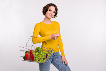 Sticker - Photo of young woman happy positive smile hold basket shop grocery store vegetables isolated over grey color background