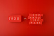 © Irina Ivanova - Trendy minimal success formula or business development concept in red colors. Vision, goal, strategy, action written on blocks against red background.