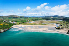 Aerial View Of Barleycove Beach, A Gently Curving Golden Beach Formed Of An Extensive Landscape Nestled In Between The Rising Green Hills Of The Beautiful Mizen Peninsula In West Cork