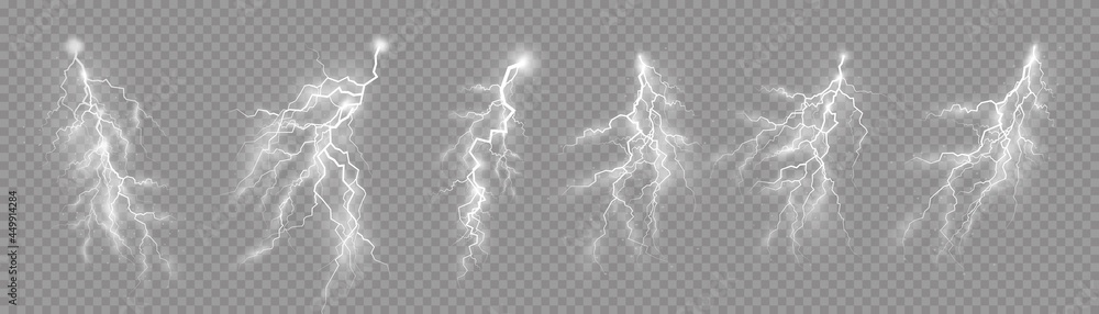 Set of zippers, thunderstorm and effect lightning. - obrazy, fototapety, plakaty 