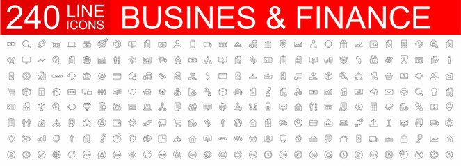 Wall Mural - Big set of 240 Business icons. Business and Finance web icons. Vector business and finance editable stroke line icon set with money, bank, check, payment, wallet, deposit, piggy. Vector illustration.