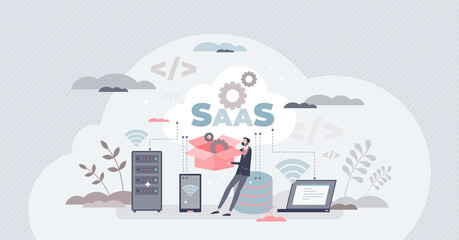 SAAS like software as service or on-demand for business tiny person concept. Online digital app usage with website based technology for remote usage vector illustration. Monthly or annual Subscription