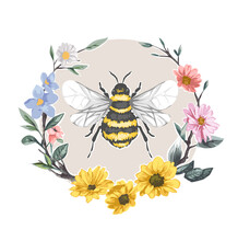 Bee In Colorful Flower Wreath Circle Vector Illustration