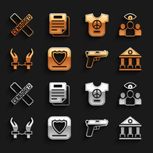 Set Shield, Spy, Agent, Courthouse Building, Pistol Or Gun, Handcuffs On Hands Of Criminal, Peace, Censored Stamp And Document Icon. Vector