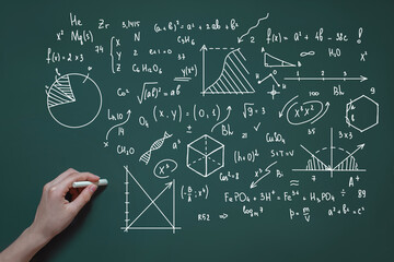Poster - hand writes with chalk on a blackboard formulas graphs and diagrams, the concept of study, school, e