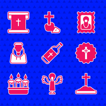 Set Holy water bottle, Angel, Grave with cross, Christian, Burning candle in candlestick, Monk, icon and Flag christian icon. Vector
