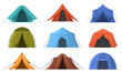 Outdoor adventure camping touristic sleeping tents. Hiking, travel recreation tourist rest tents vector illustration set. Outdoor lodging camping tents