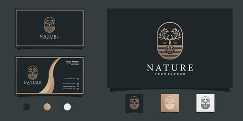 Wall Mural - Tree logo with modern unique line concept and business card  Premium Vecto