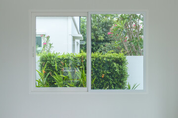 Glass window frame house interior on white wall