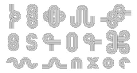 Set of line art design elements. Circle, arch, wave. Mid century, boho abstract compositions. Optical illusion shapes.