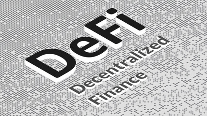Wall Mural - Defi - decentralized finance, isometric text on fragmented matrix black and white background from squares. Ecosystem of financial applications and services based on public blockchains.