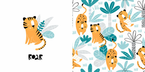 Vector hand-drawn seamless repeating color childish pattern with wild cats, plants and palms in Scandinavian style on a white background. Print with tigers and jaguars for kids wear. Jungle.