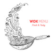 Wok pan and ingredients for wok sketch. Hand drawn vector illustration. Asian food. Noodles, meat, pepper and other ingredients. Asian cuisine.