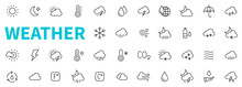 Weather Line Icon Collection. Weather Forecast Symbol. Outline Weather Icons Set. Weather, Cloud, Rain, Snow, Wind, Hurricane, Sun, Moon, Thermometer And More - Stock Vector.