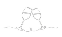 Continuous One Line Drawing Of Two Glasses Of Red Wine. Minimalist Linear Concept Of Celebrate And Cheering. Editable Stroke Vector Illustration