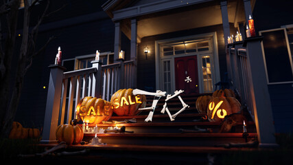 Halloween scary discounts pumpkins on the yard. Holiday spooky pumpkin. Up to 70 per cent. High quality photo