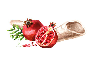 Wall Mural - Pomegranate and Rams Horn. Jewish new year, Rosh Hashanah, Shana Tova concept. Hand drawn watercolor illustration  isolated on white background