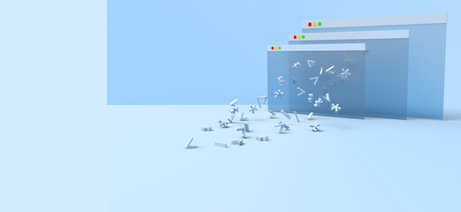 Code characters fly out of the browser windows. Composition on the topic of programming, development, technologies. Modern style, 3d rendering.