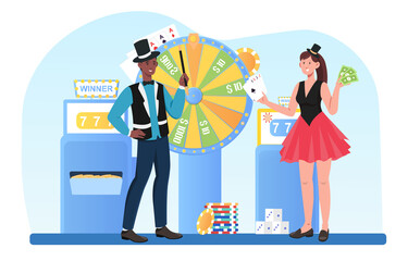 Playing in games of fortune, gambling dice, roulette wheel, game chip, slot machine. Male croupier in work suit with female assistant. Flat cartoon vector concept design isolated on white background.