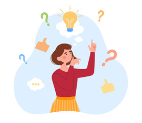 Wall Mural - Thoughtful woman working on problem solving in making right decision. Composition with question mark, like sign and light bulb. Flat abstract metaphor cartoon vector concept design isolated on white