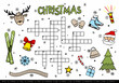 Merry Christmas crossword for kids. Children's winter game with cartoon elements. Santa Claus, tree, reindeer, skis, skates, scarf, hat, snowflake. Vector illustration for leisure