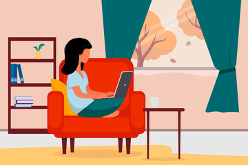 Girl with a laptop in a chair. Home office concept, woman working from home, student or freelancer. Vector illustration in flat style 
