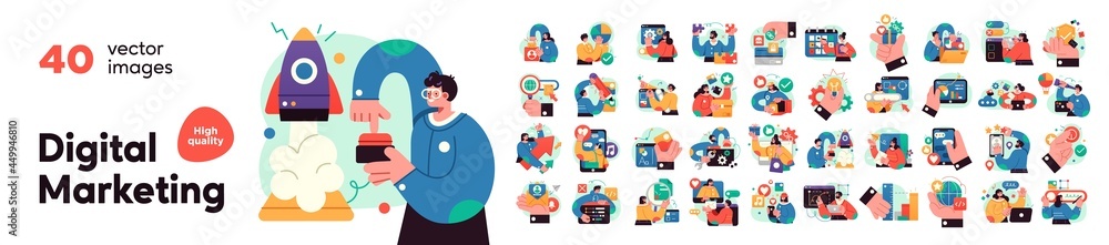 Digital Marketing illustrations. Mega set. Collection of scenes with men and women taking part in business activities. Trendy vector style - obrazy, fototapety, plakaty 
