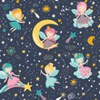 Vector seamless childish pattern with fairy, moon, stars and other elements. Fairy with a magic wand vector illustration. Seamless pattern with cartoon fairy for kids, girl.