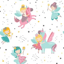 Vector Seamless Childish Pattern With Fairy, Flowers, Unicorn And Other Elements. Fairy With A Magic Wand Vector Illustration. Seamless Pattern With Cartoon Fairy For Kids, Girl.