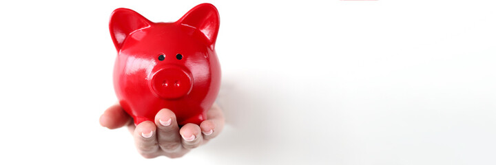 Hand holds red pig piggy bank through hole in white paper