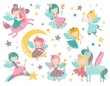 Vector childish set with fairy, flowers, moon and other elements. Fairy with a magic wand vector illustration.  Cartoon fairy for kids, girl.