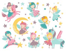 Vector Childish Set With Fairy, Flowers, Moon And Other Elements. Fairy With A Magic Wand Vector Illustration.  Cartoon Fairy For Kids, Girl.
